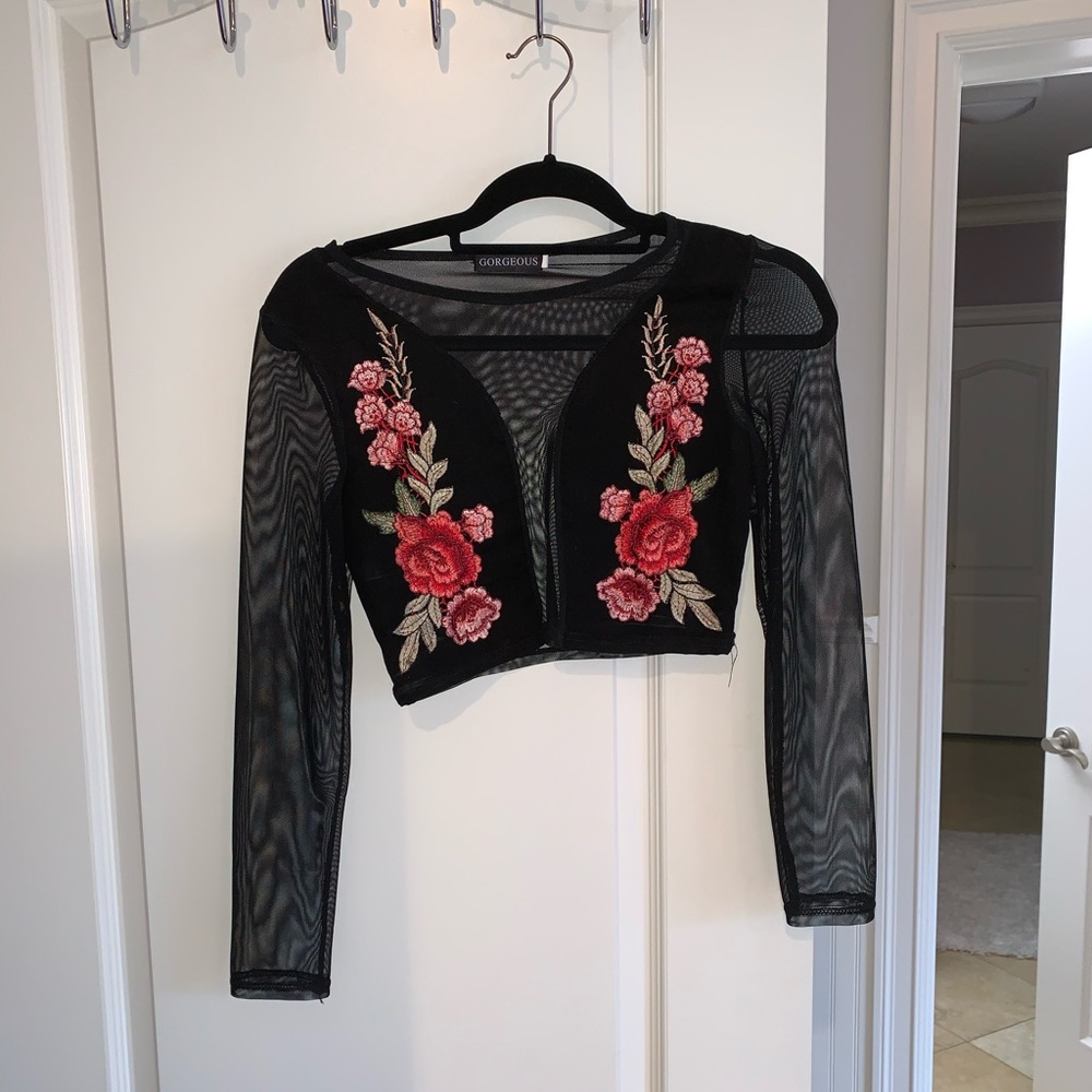 Embroidered floral mesh long sleeve top